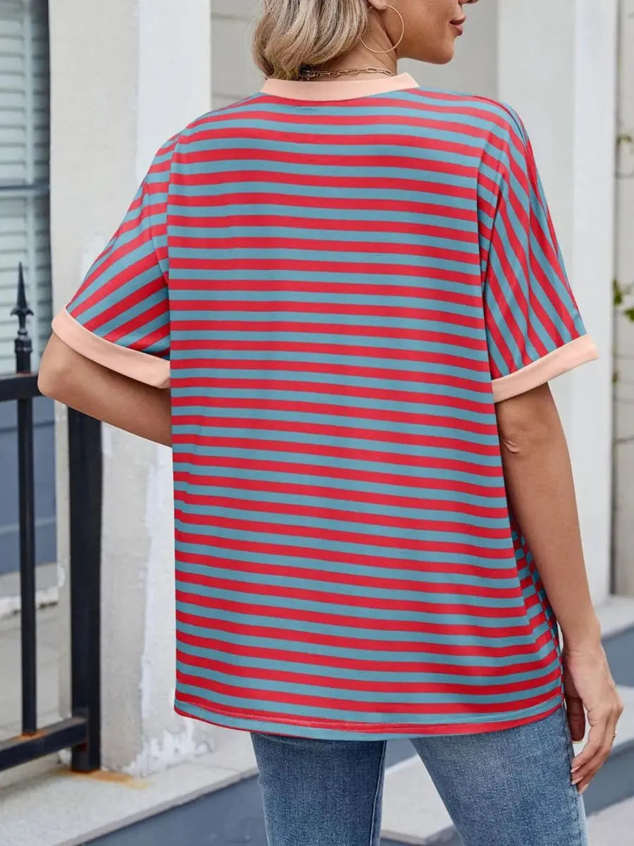 Stylish Striped Round Neck Half Sleeve T-Shirt for Women - Love Salve